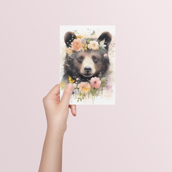 Watercolor Floral Black Bear Portrait Wall Art Illustration Print Unframed - Picture 5 of 5